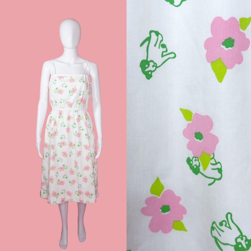 1970sTHE VESTED GENTRESS Hand Screen Printed Puppy Floral Print Dress. SM. AS IS